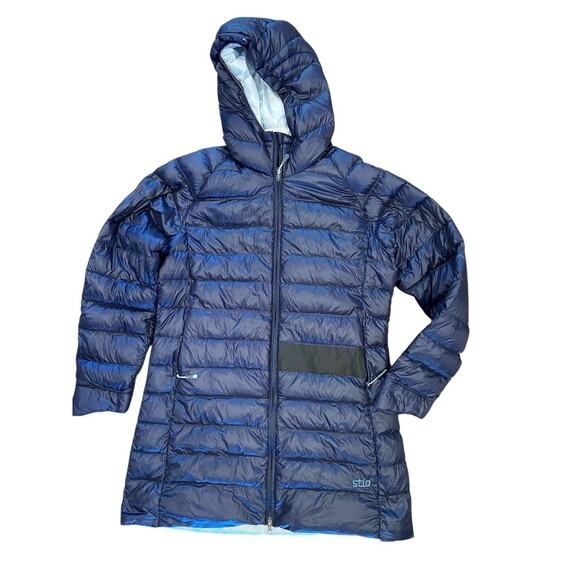 STIO Womens Down Hooded Parka Size XL Navy Puffer Long Warm Ski Outdoor Coat - Picture 1 of 16